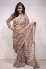 Creamy Peach Rose Gold Sequin Designer Saree - Image 2