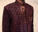 Maroon Geometric Embroidered Indo Western Bandhgala - Image 2